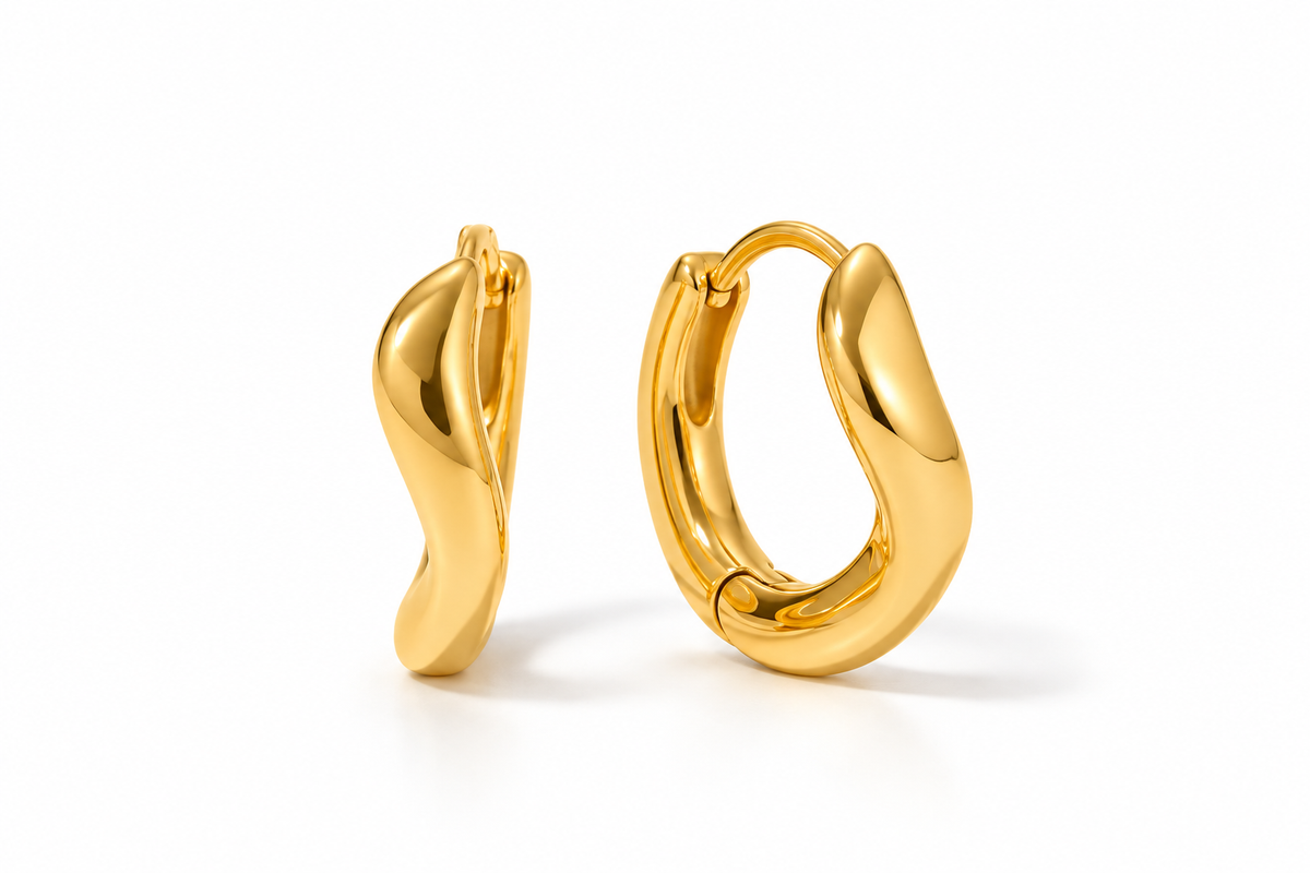 Aretes Giro Dorados de Diseño Ondulado en Acero Inoxidable 316L