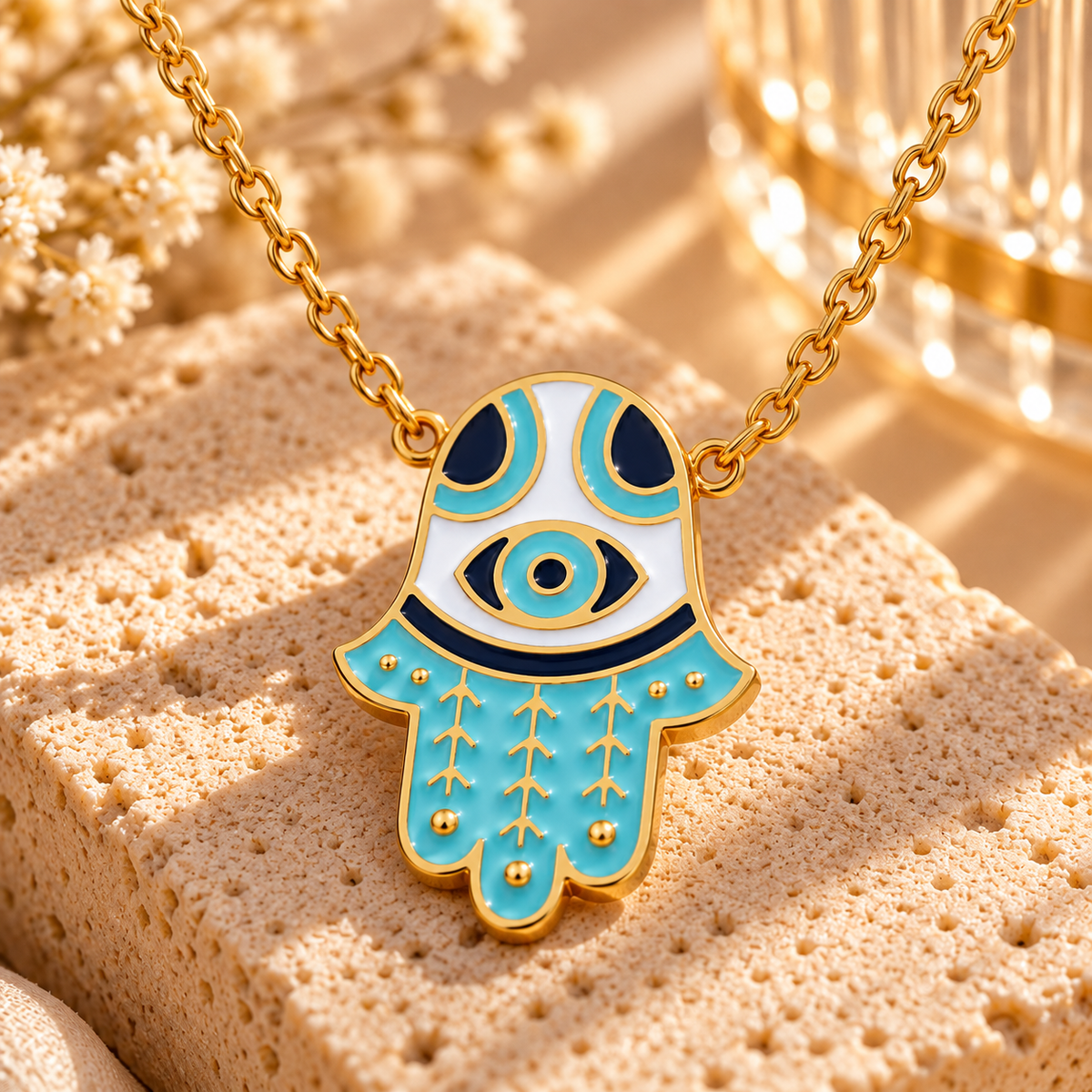 Collar Blue Eyes con Mano de Fátima y Ojo Turco Dorado