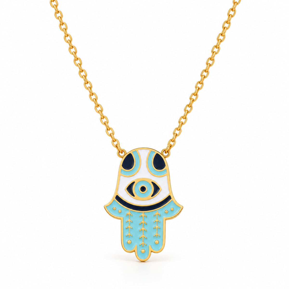Collar Blue Eyes con Mano de Fátima y Ojo Turco Dorado