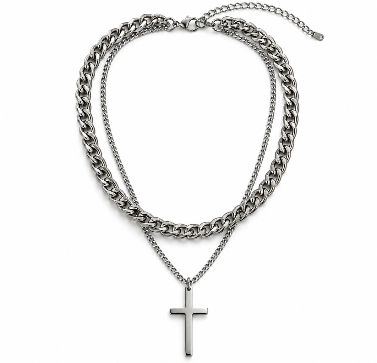 Collar Doble con Cruz de Acero Inoxidable