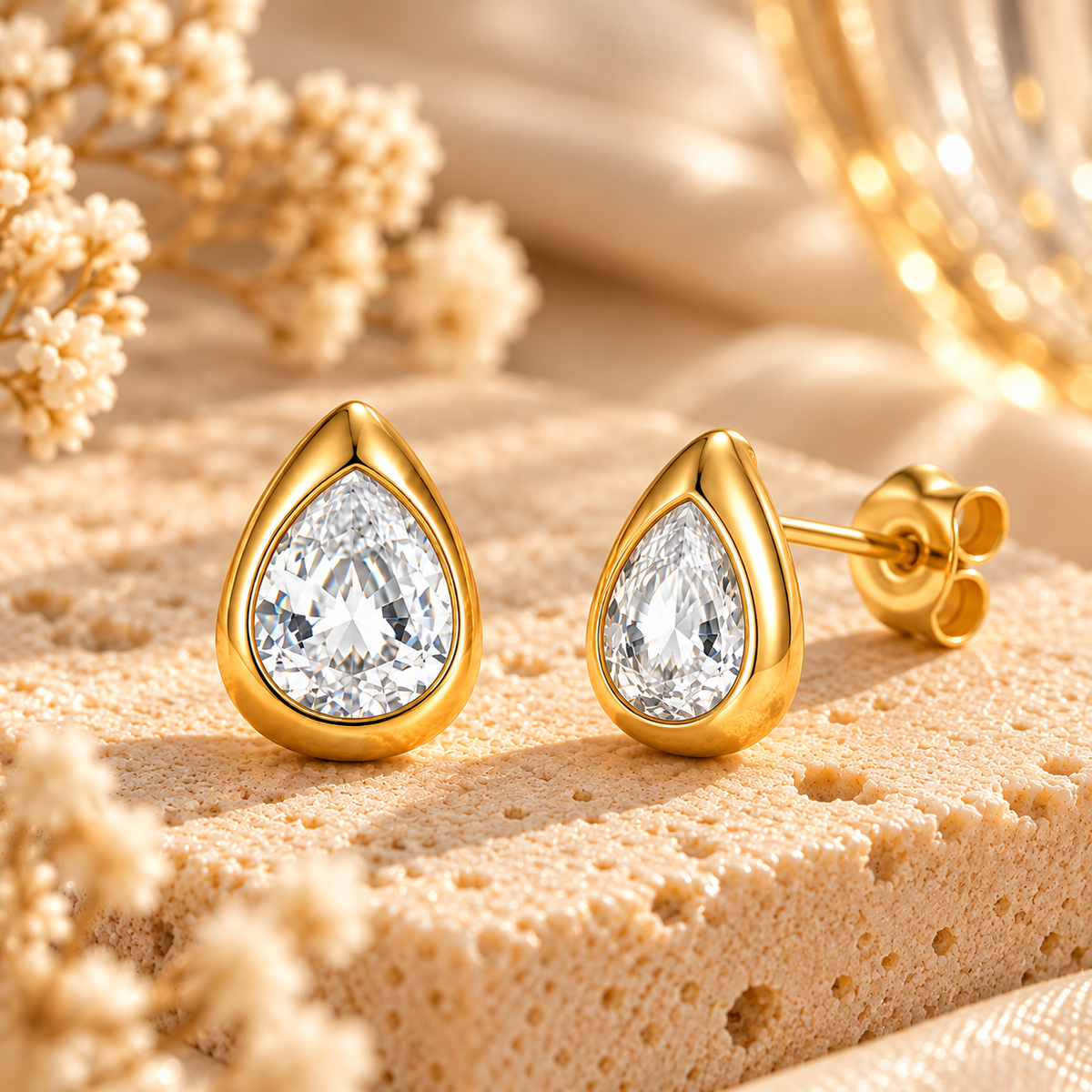 Aretes Gota Alba Dorados con Piedra Transparente de Acero 316L