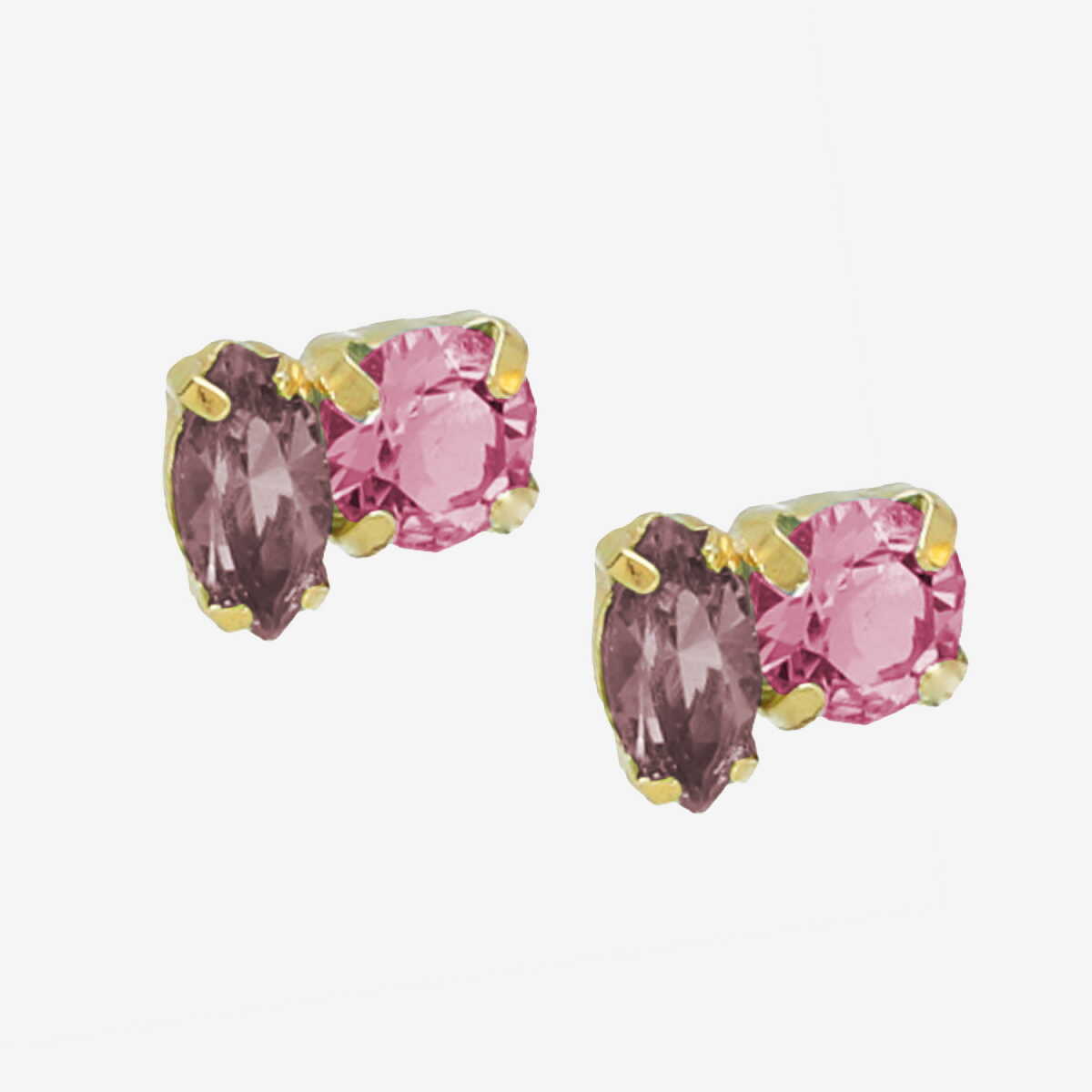 Aretes Victoria Cruz pegados combinación de formas color rosa bañados en oro