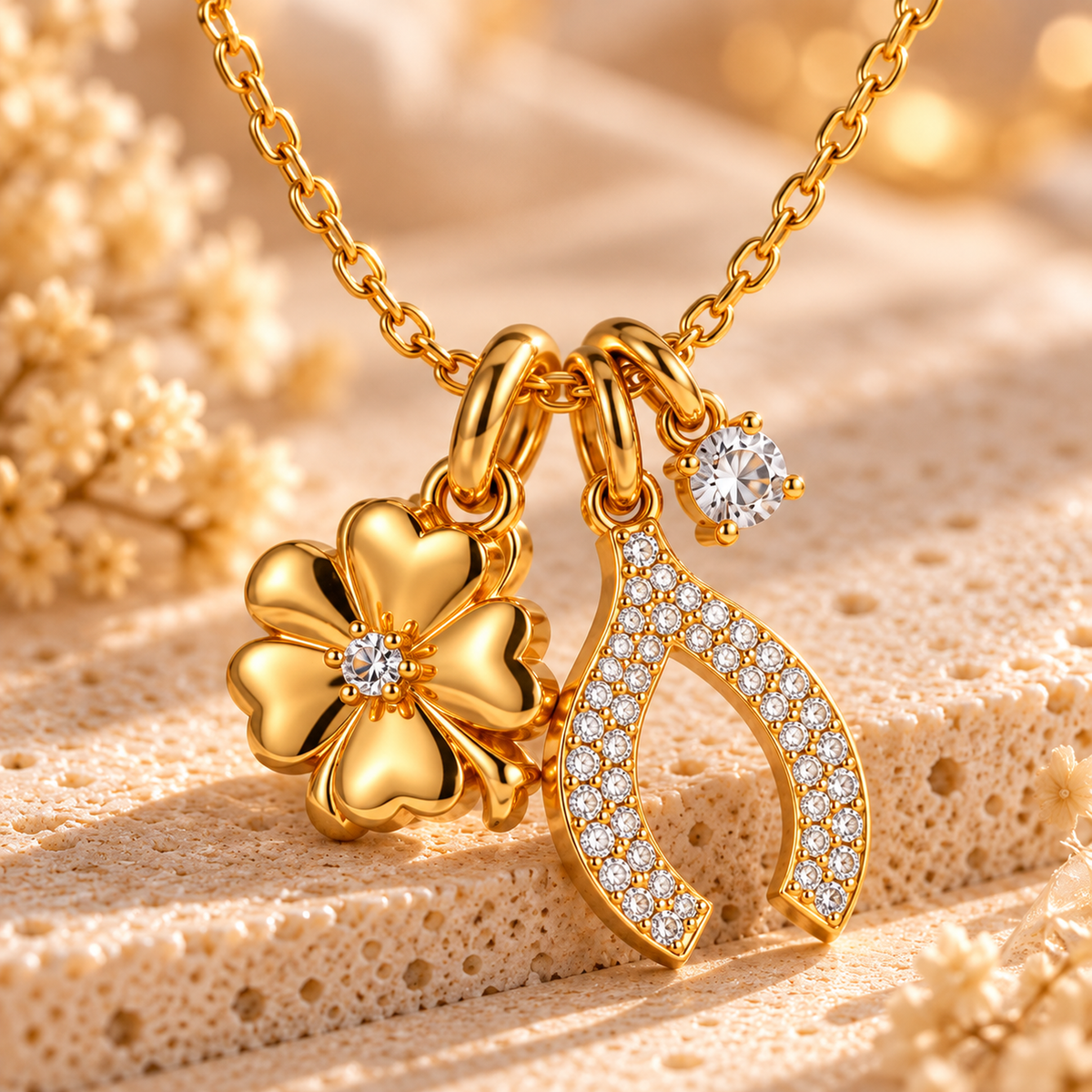 Collar Serendipia de la Suerte con Trébol y Herradura Dorada