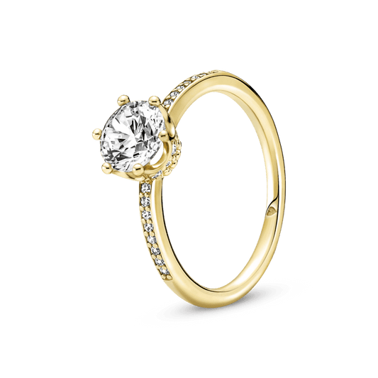 Anillo Solitario Corona Reluciente Transparente Recubrimiento en Oro de 14k