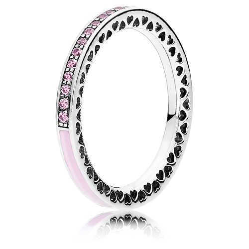 Anillo en Plata Corazones Radiantes de PANDORA Esmalte Rosa claro y Circonia cúbica clara