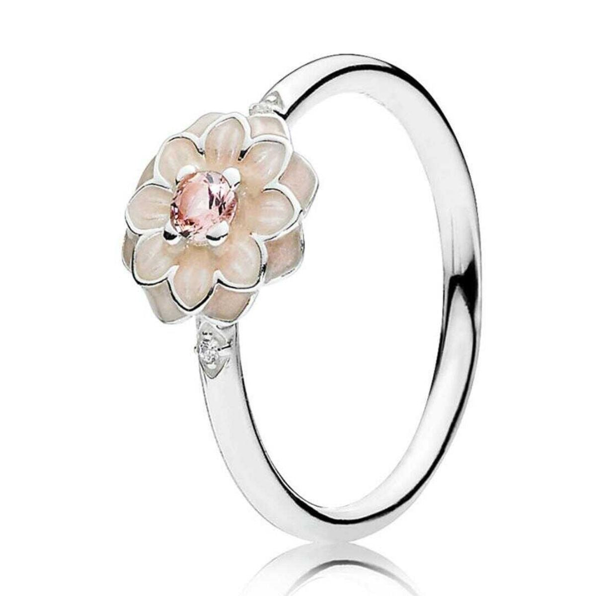 Anillo en Plata, Dalia en flor, cristal rosa, circonia cúbica clara y esmalte crema