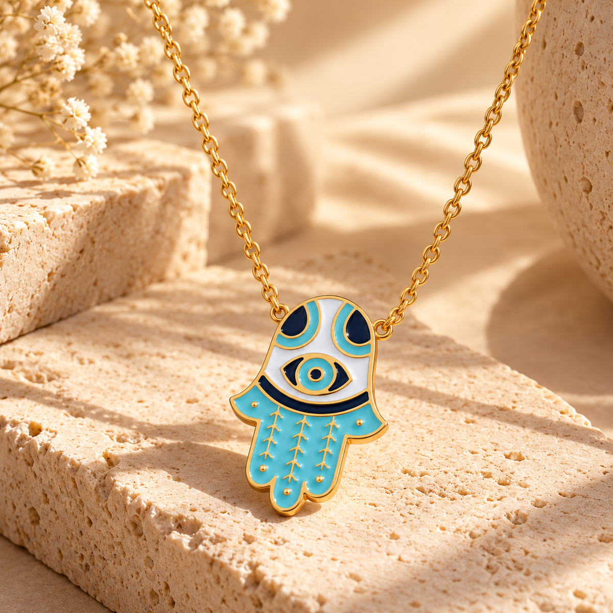 Collar Blue Eyes con Mano de Fátima y Ojo Turco Dorado