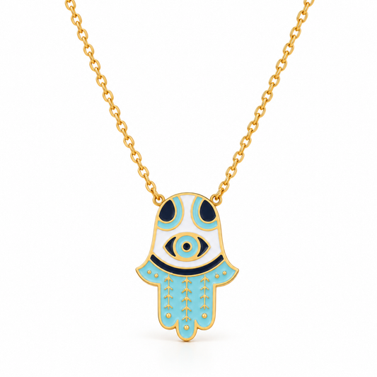 Collar Blue Eyes con Mano de Fátima y Ojo Turco Dorado