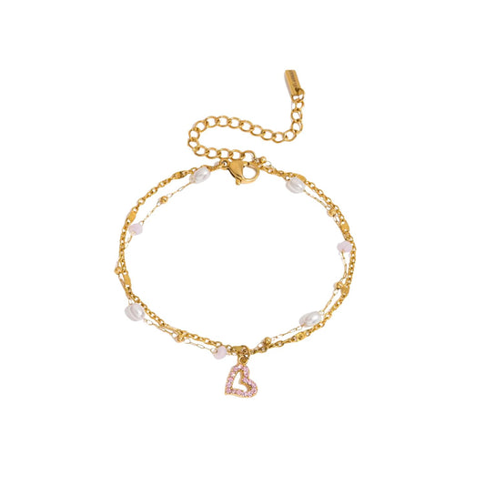 Pulsera Perlas y Corazón Rosa