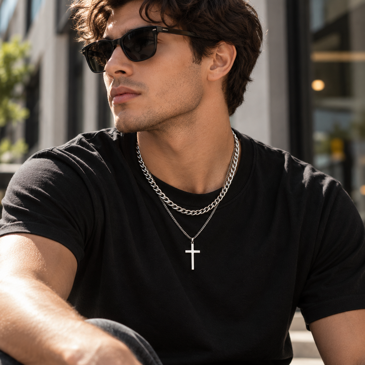 Collar Doble con Cruz de Acero Inoxidable