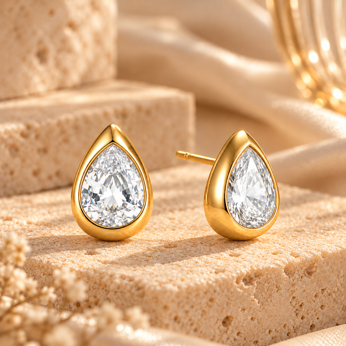 Aretes Gota Alba Dorados con Piedra Transparente de Acero 316L
