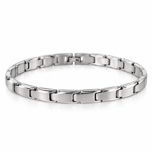Pulsera Magnética de Acero Plateado con Eslabones Rectangulares