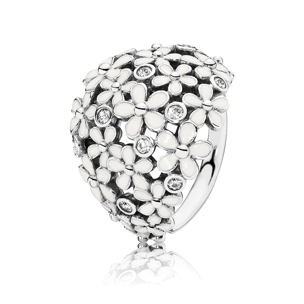 Anillo plata 925 Pandora margaritas esmalte blanco circonias