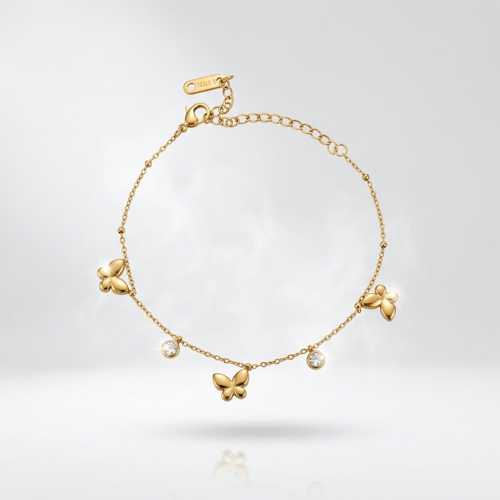 Pulsera Fina con Mariposas y Brillos enchape Oro 18K – Acero Quirúrgico