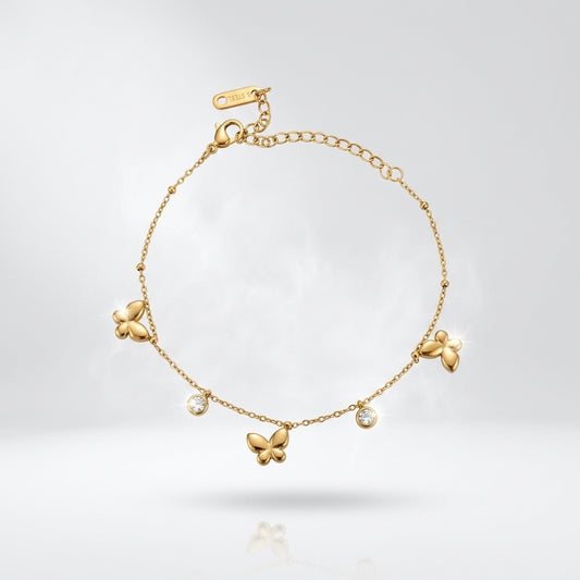Pulsera Fina con Mariposas y Brillos enchape Oro 18K – Acero Quirúrgico