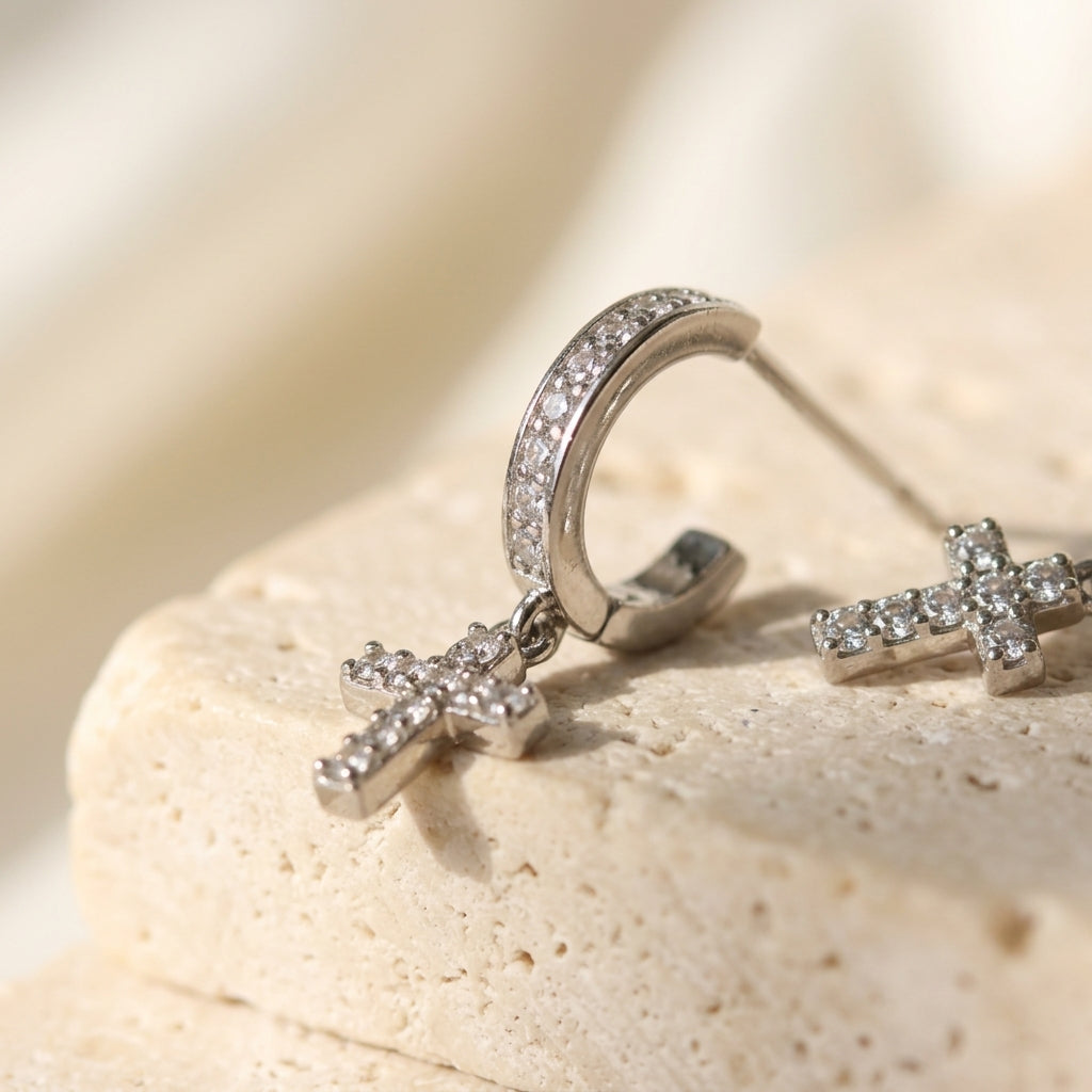 Aretes AMen Cruz Colgante de Plata 925 con Circonitas